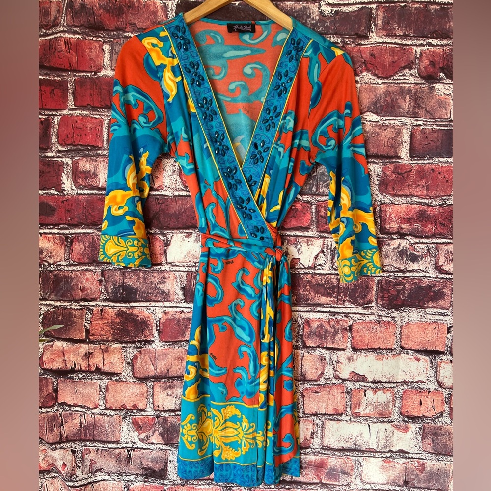 Hale Bob Beaded Silk Wrap Mini Dress - Vibrant Abstract Paisley